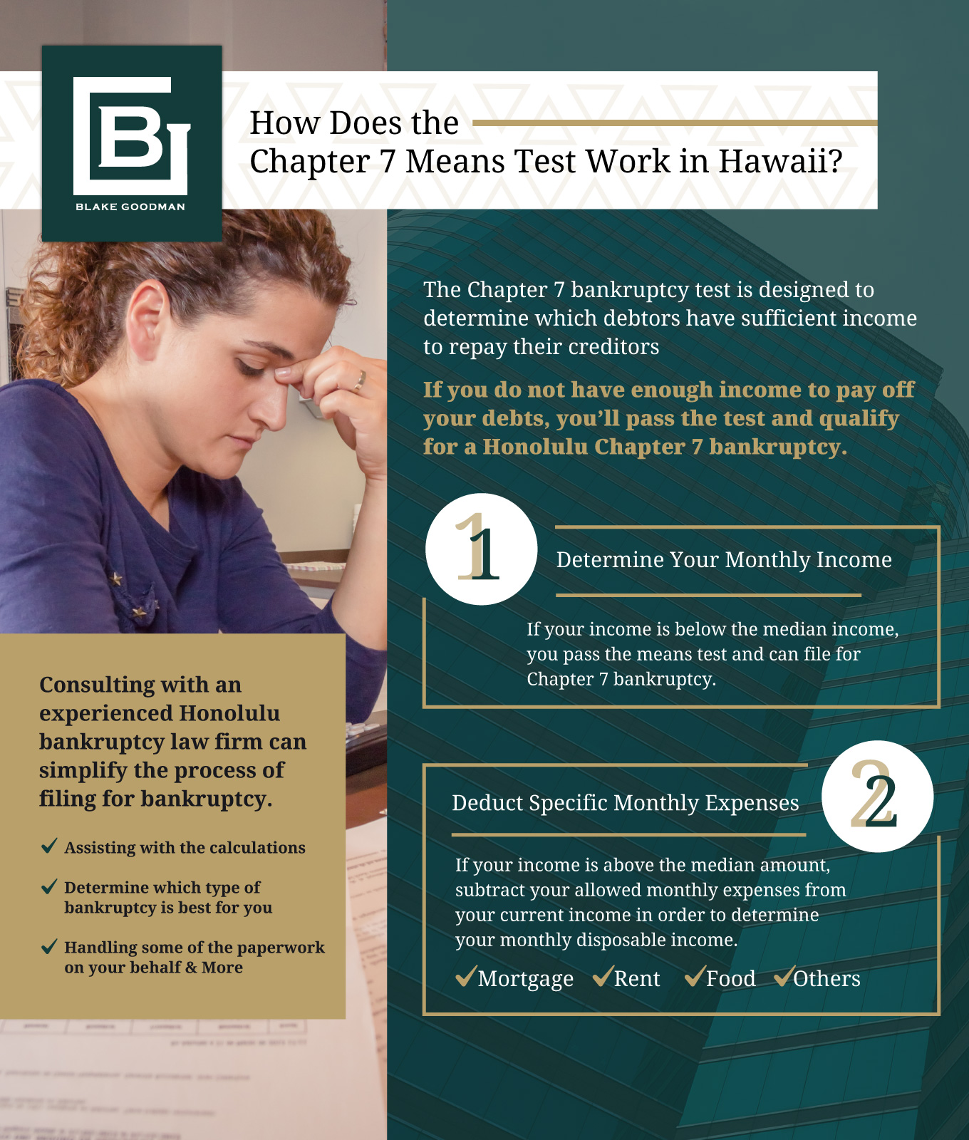 Infography that shows What are the Advantages & Disadvantages of Debt Settlementhow does chapter 7 means test works in Hawaii
